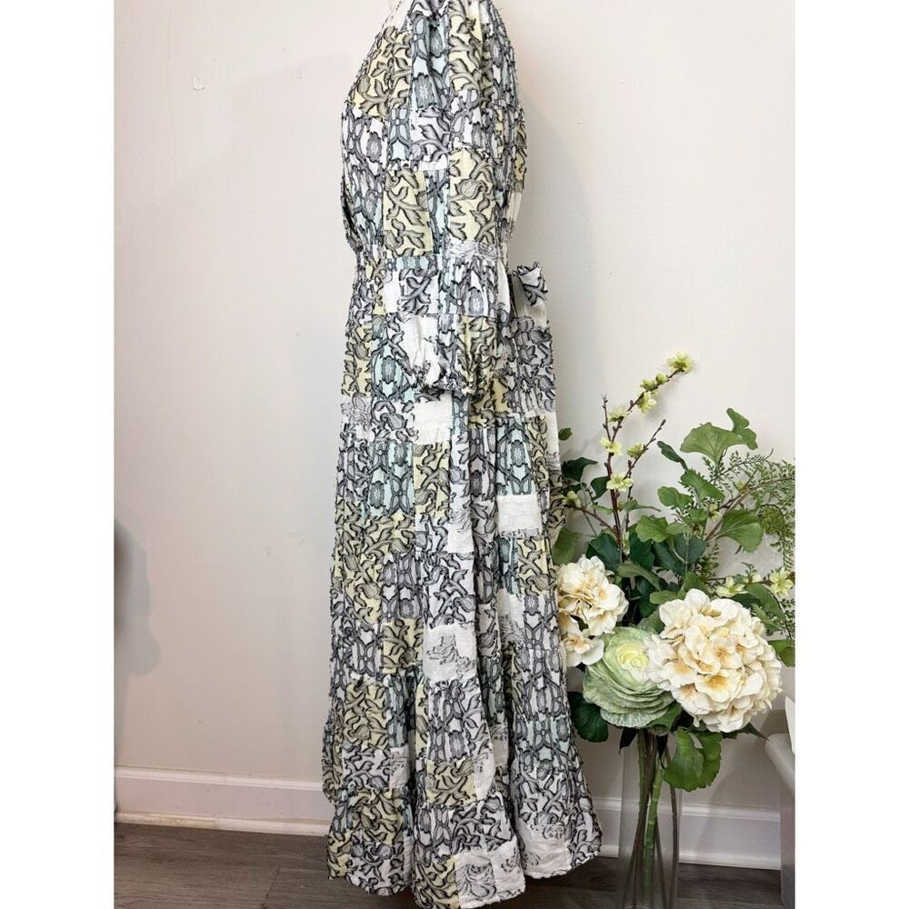 Anthropologie Medium Textured Midi Dress Patchwork Tiered wrap Boho - Picture 7 of 13